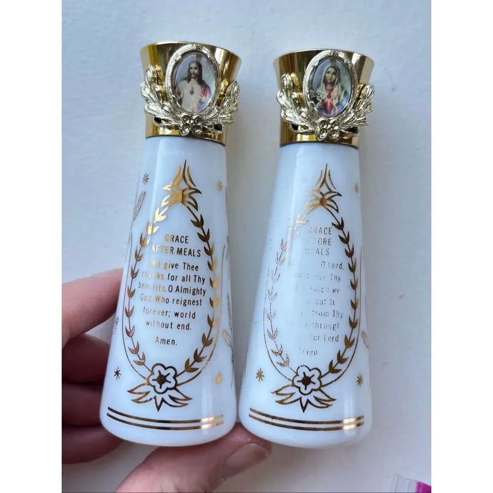 VTG Milk Glass Salt Pepper Shakers Religious Jesus Mary Gold Foil Set